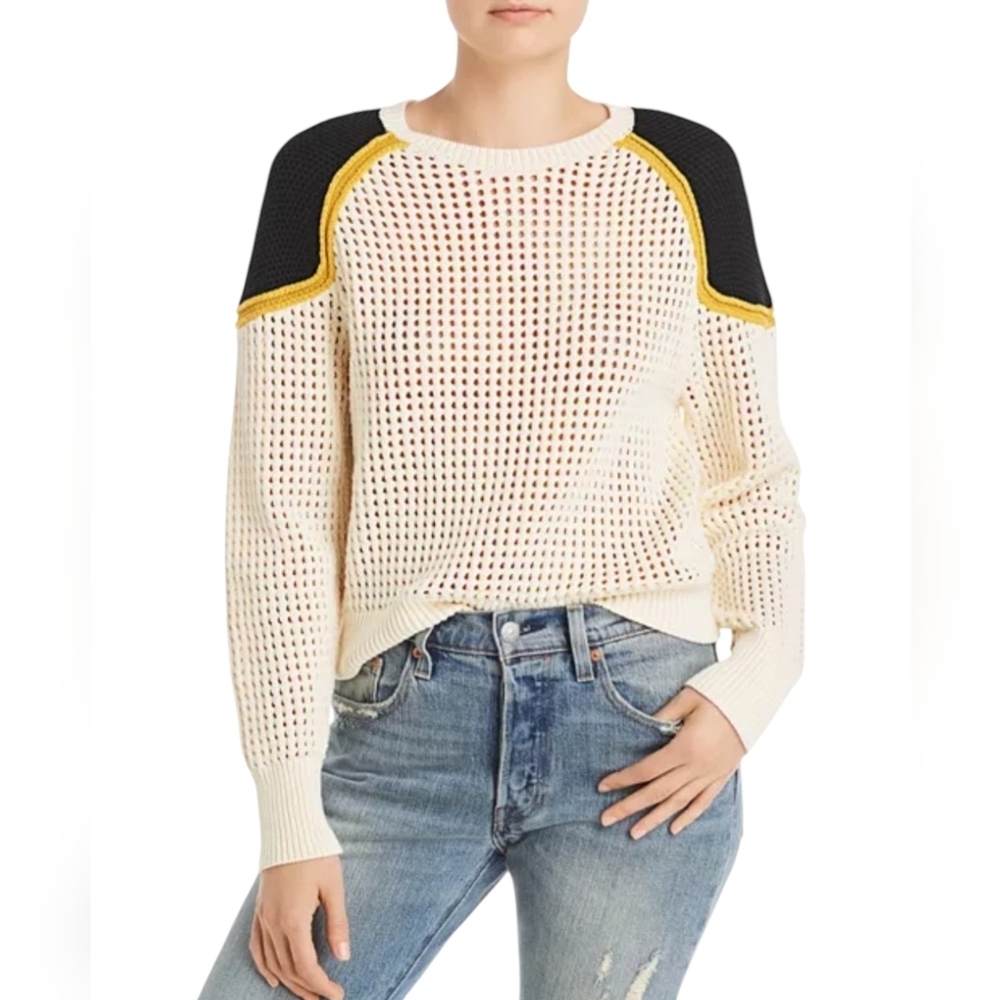 Rebecca Minkoff Alexis Open Knit Cotton Sweater Colour Block Cream Medium